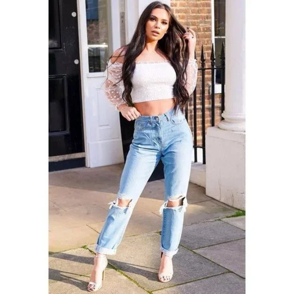 Blue High Waist Distressed Ripped Cuffed Boyfriend Jeans Denim Pants - Picture 10 of 16